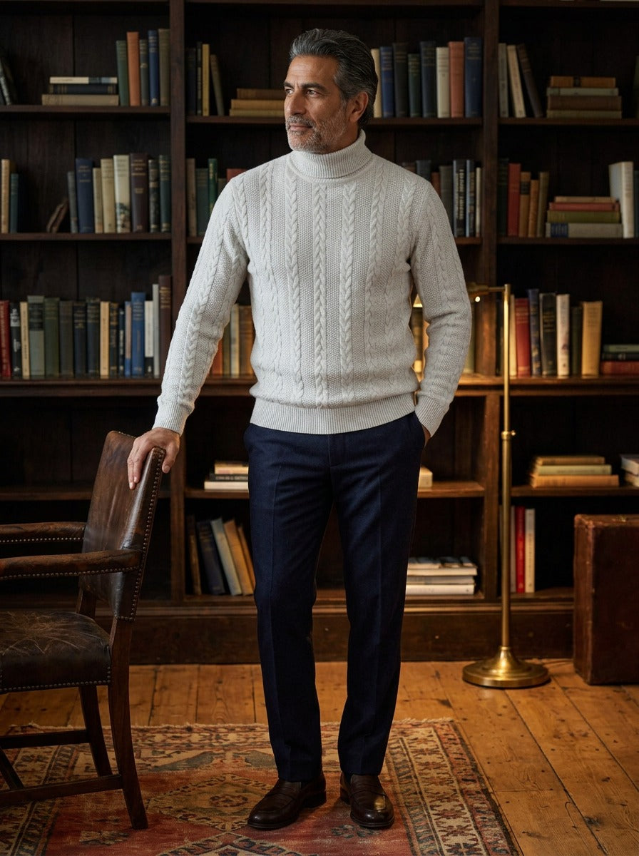 Halsey sweater in Light Grey, lifestyle in a private study, Gentlemens Manor