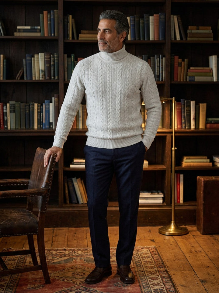 Halsey sweater in Light Grey, lifestyle in a private study, Gentlemens Manor