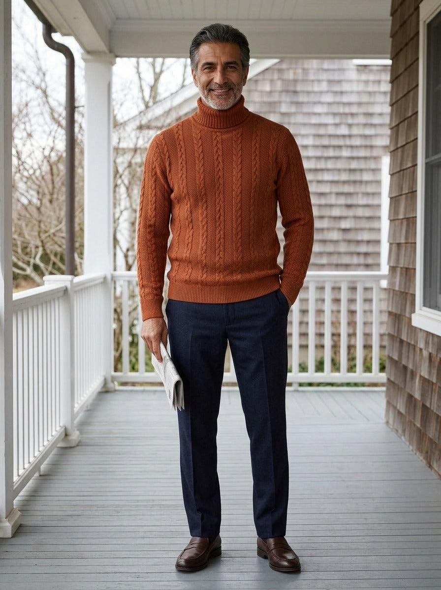 Halsey sweater in Orange, lifestyle on a covered porch, Gentlemens Manor