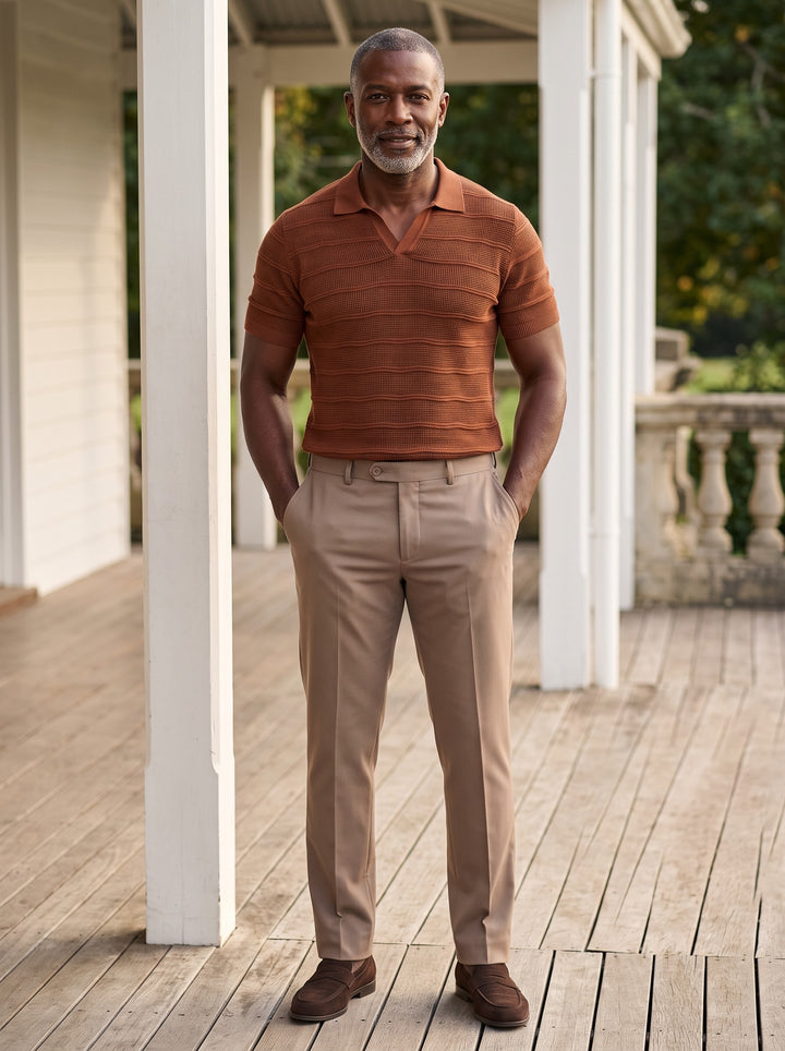 Halstead polo and trousers set in Brown, lifestyle, Gentlemens Manor