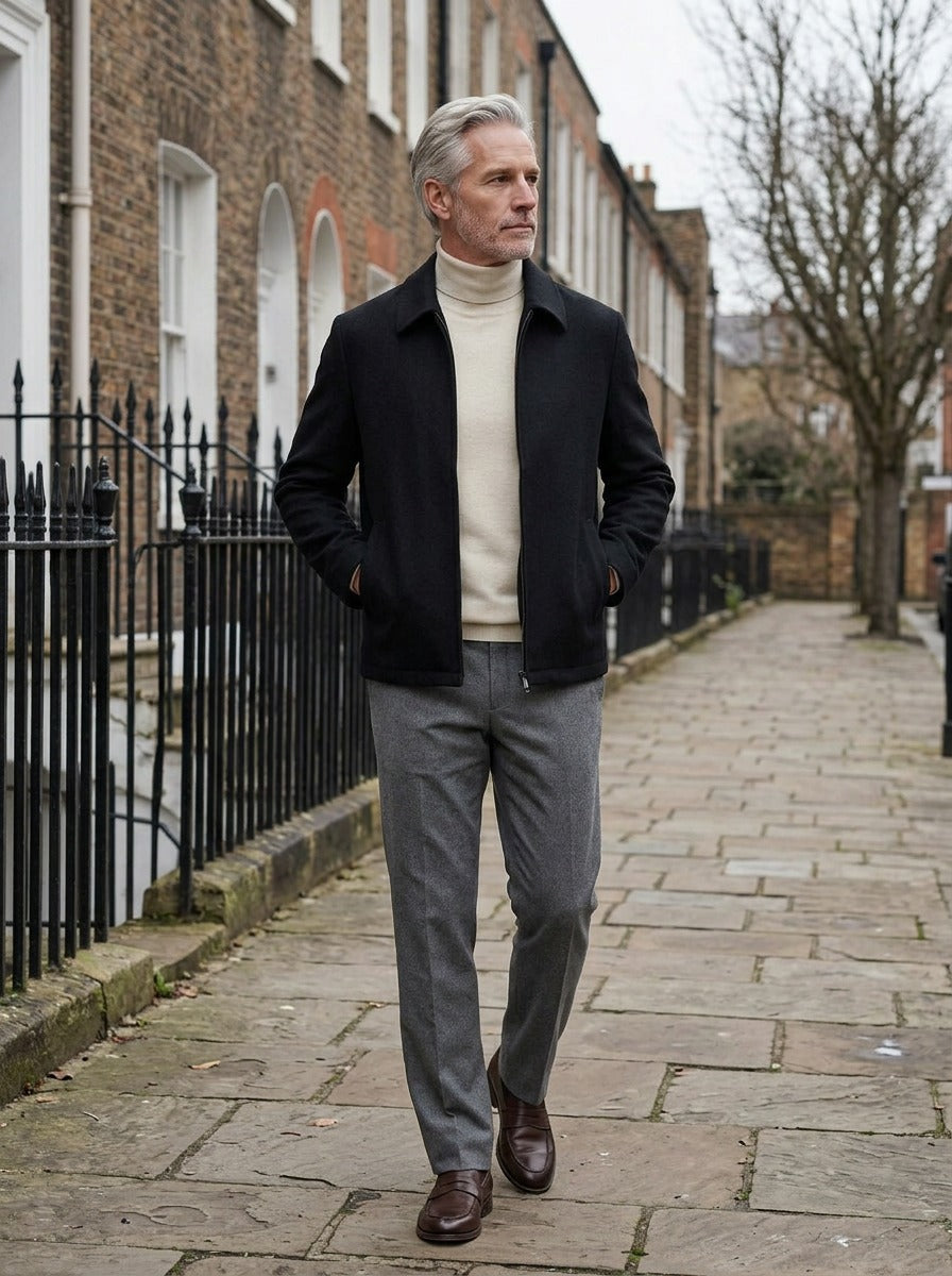 Halston zip front jacket in Black, lifestyle on a street of brick row houses, Gentlemens Manor
