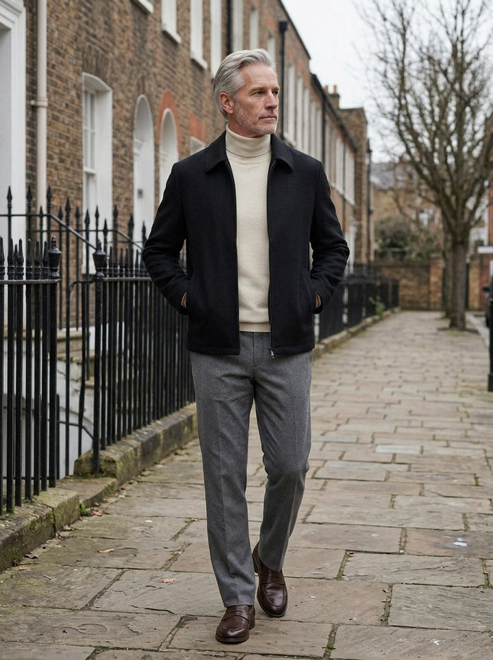 Halston zip front jacket in Black, lifestyle on a street of brick row houses, Gentlemens Manor