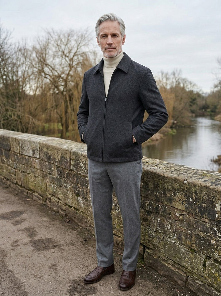 Halston zip front jacket in Charcoal, lifestyle on a stone footbridge, Gentlemens Manor