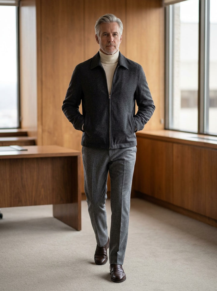 Halston zip front jacket in Charcoal, lifestyle in a timber paneled office, Gentlemens Manor