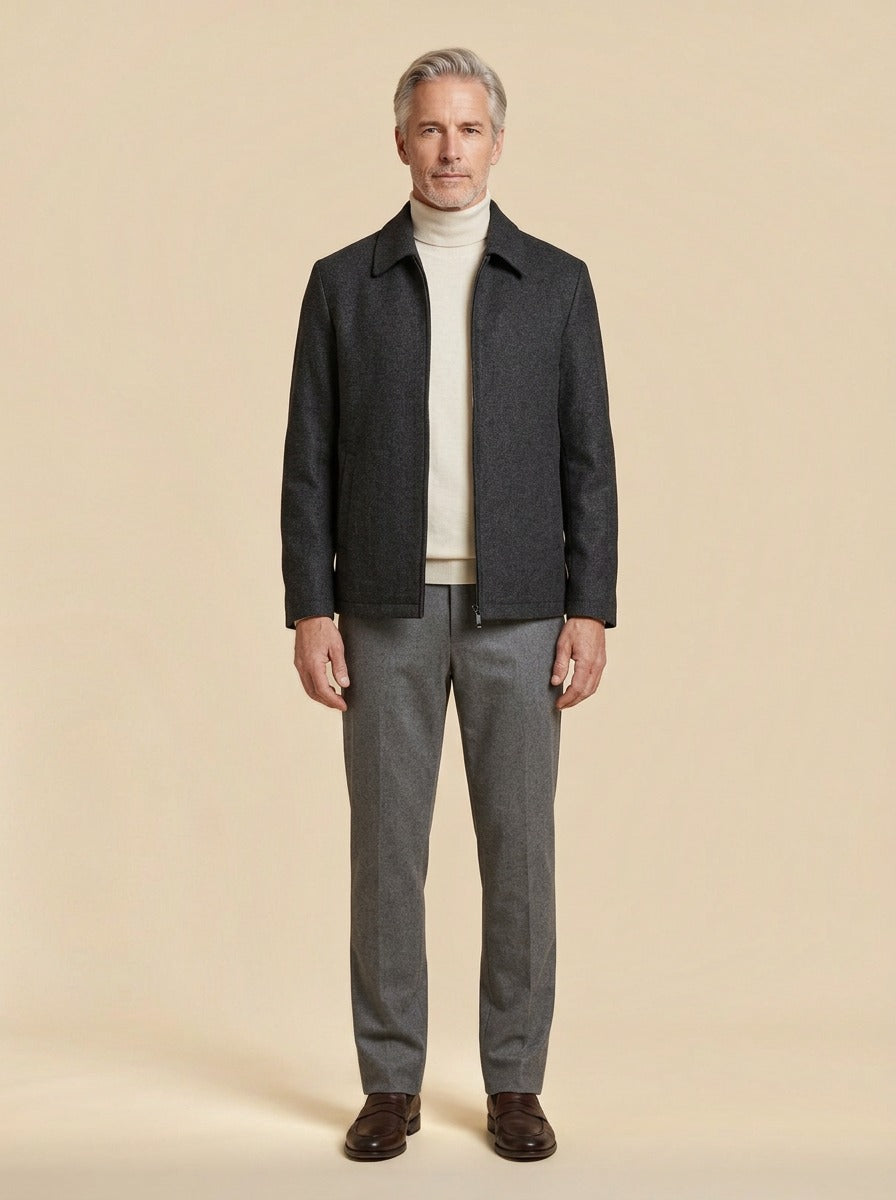 Halston zip front jacket in Charcoal, studio, Gentlemens Manor