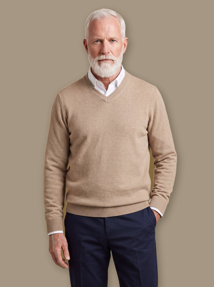 Hamilton knit sweater in Beige, worn by a model on a warm taupe studio background - Gentlemens Manor