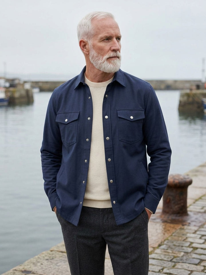 Hamlin overshirt in Navy, lifestyle on a stone harbor quay, Gentlemens Manor