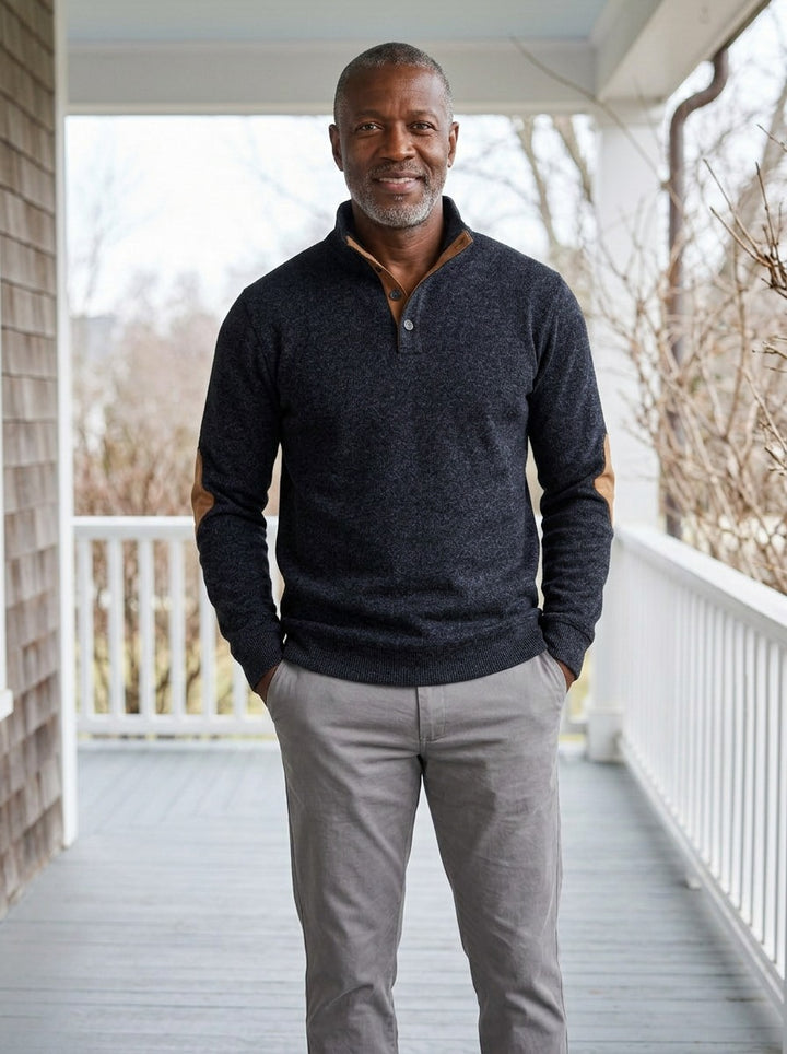 Hammond stand collar sweater in Black, lifestyle, Gentlemens Manor