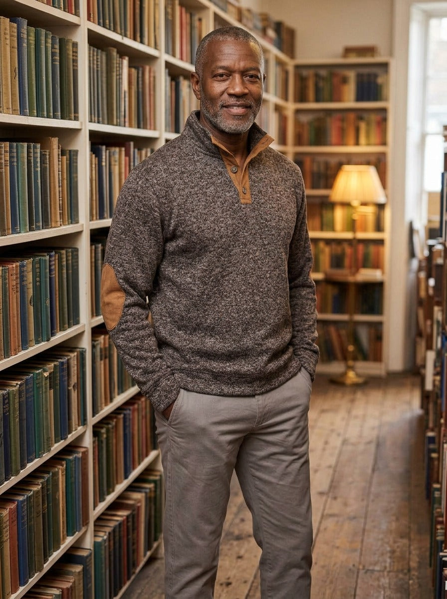 Hammond stand collar sweater in Brown, lifestyle, Gentlemens Manor