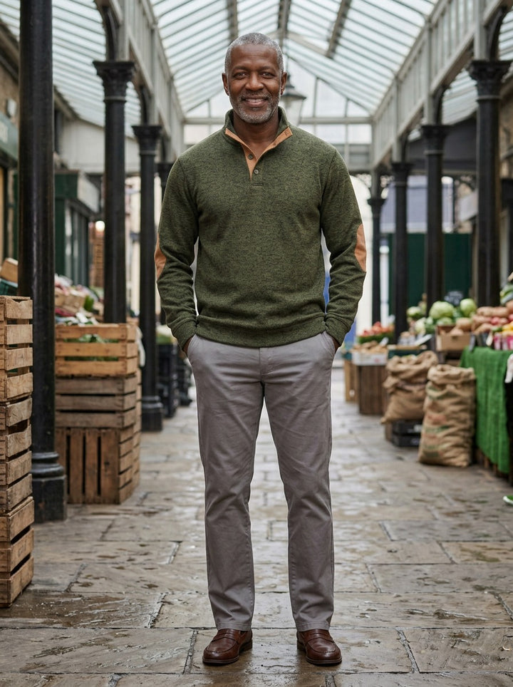 Hammond stand collar sweater in Olive, lifestyle, Gentlemens Manor