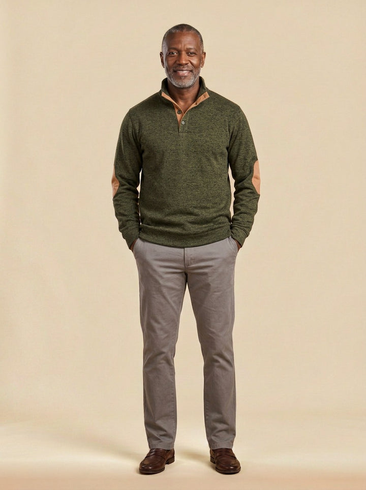Hammond stand collar sweater in Olive, studio, Gentlemens Manor
