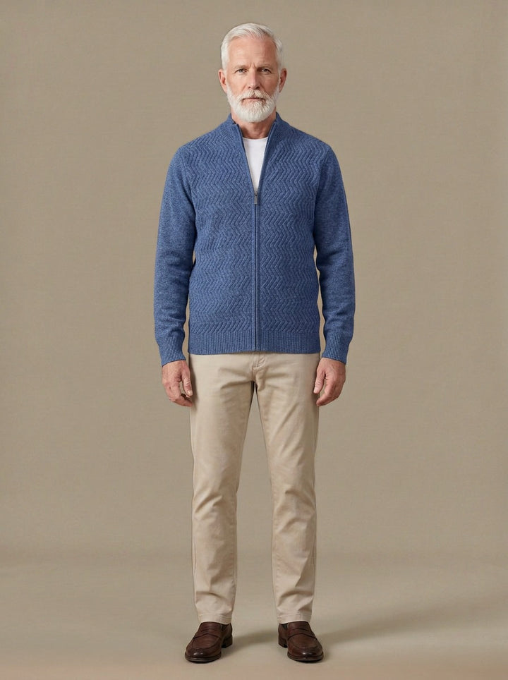 Hampton merino chevron zip cardigan in Blue, studio, Gentlemens Manor