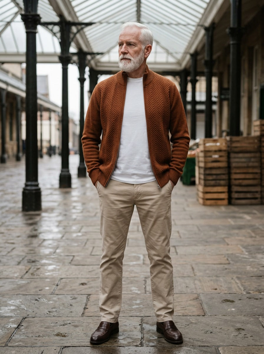Hampton merino chevron zip cardigan in Brown, lifestyle in a covered market hall, Gentlemens Manor