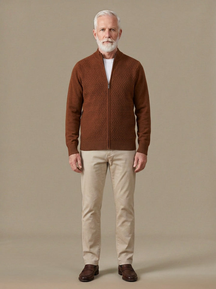 Hampton merino chevron zip cardigan in Brown, studio, Gentlemens Manor