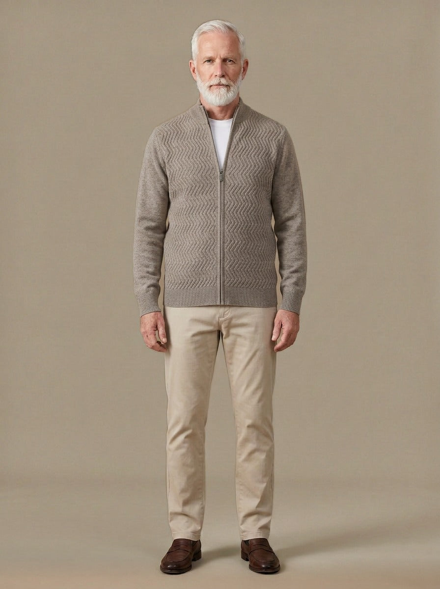Hampton merino chevron zip cardigan in Camel, studio, Gentlemens Manor