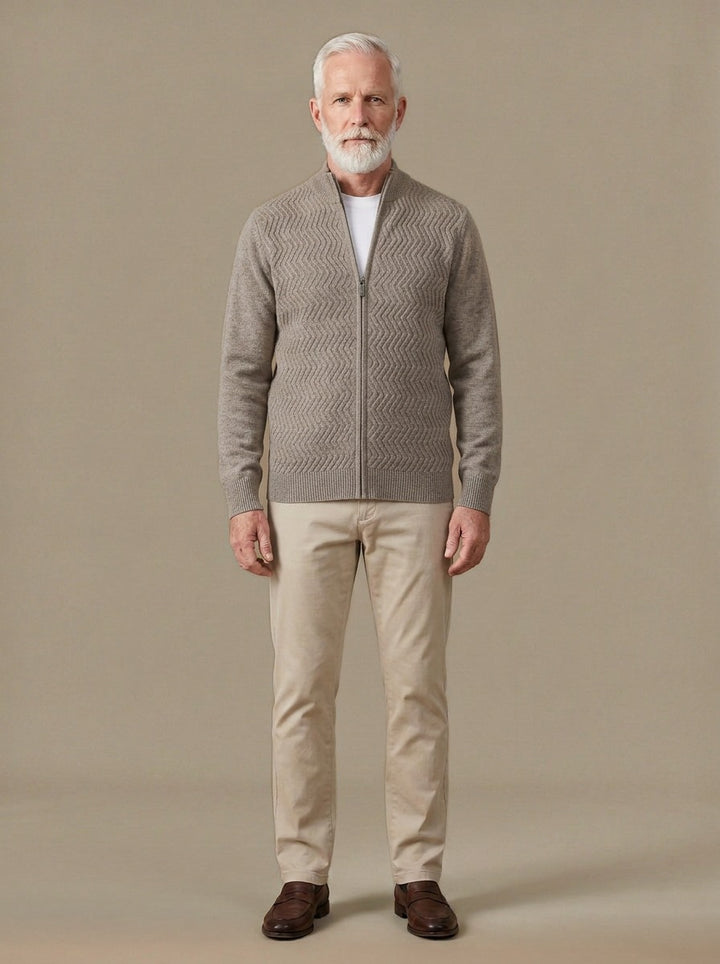 Hampton merino chevron zip cardigan in Camel, studio, Gentlemens Manor