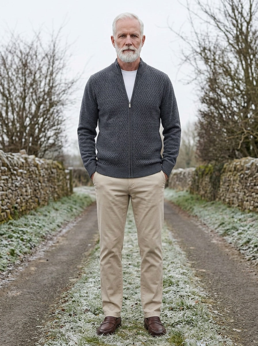 Hampton merino chevron zip cardigan in Charcoal, lifestyle on a country lane, Gentlemens Manor
