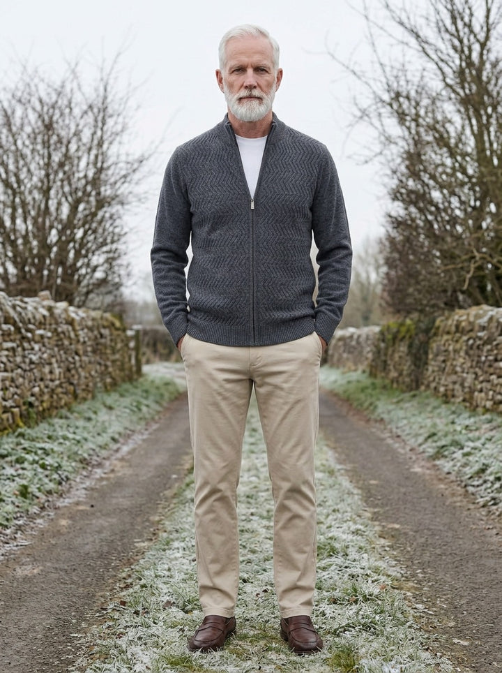 Hampton merino chevron zip cardigan in Charcoal, lifestyle on a country lane, Gentlemens Manor