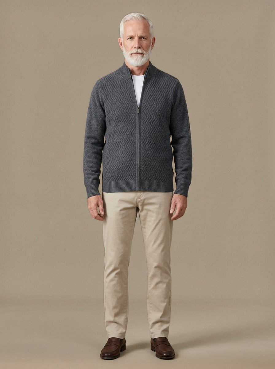 Hampton merino chevron zip cardigan in Charcoal, studio, Gentlemens Manor