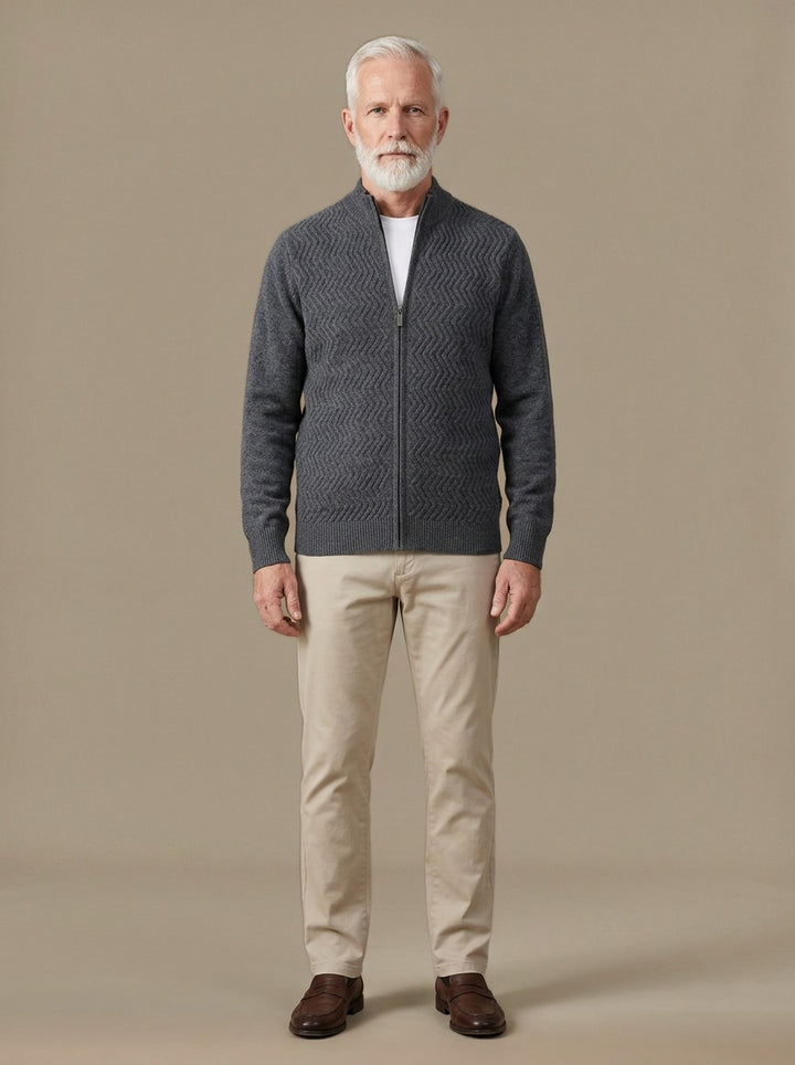 Hampton merino chevron zip cardigan in Charcoal, studio, Gentlemens Manor