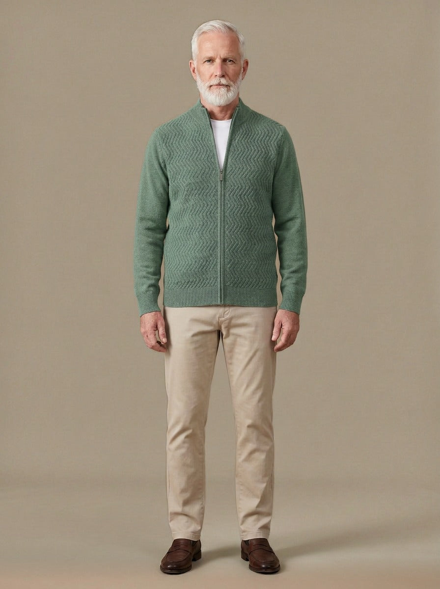 Hampton merino chevron zip cardigan in Sage, studio, Gentlemens Manor
