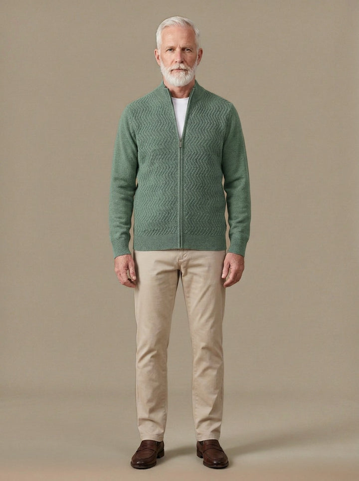Hampton merino chevron zip cardigan in Sage, studio, Gentlemens Manor