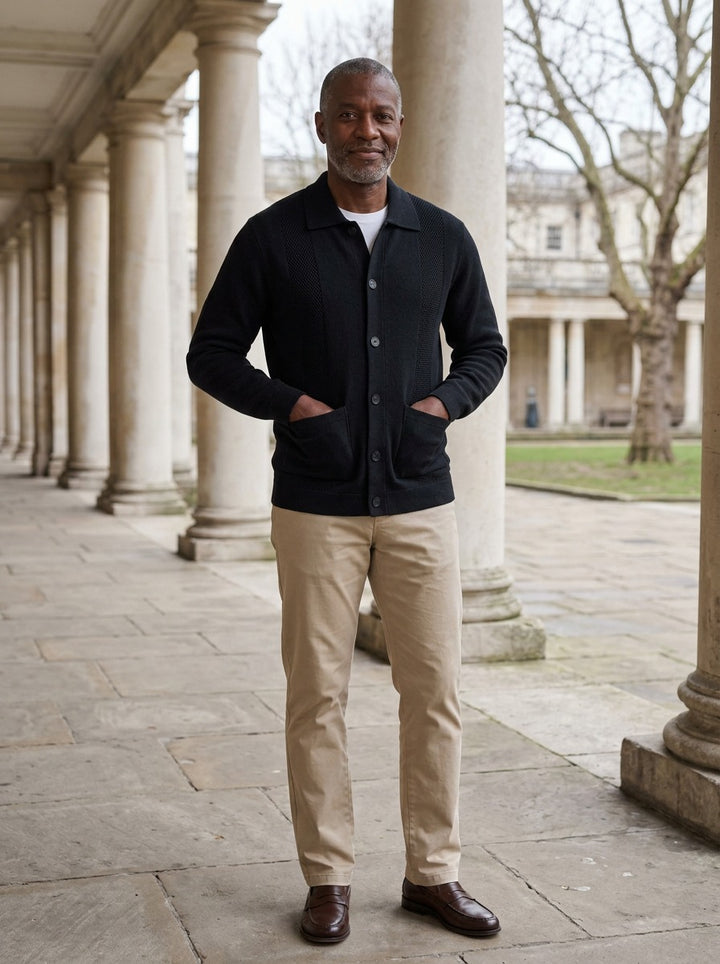 Hancock knit shirt jacket in Black, lifestyle in a stone colonnade, Gentlemens Manor