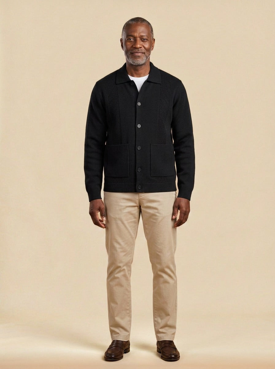 Hancock knit shirt jacket in Black, studio, Gentlemens Manor