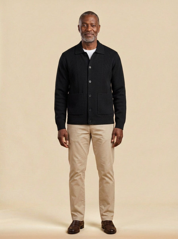 Hancock knit shirt jacket in Black, studio, Gentlemens Manor