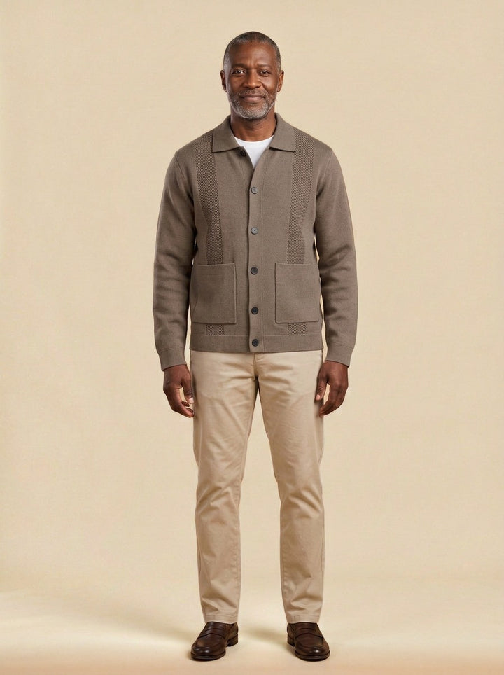 Hancock knit shirt jacket in Brown, studio, Gentlemens Manor