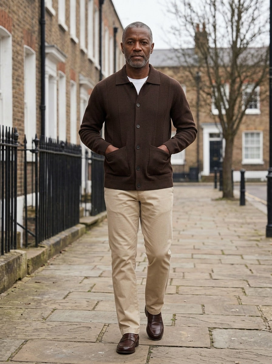 Hancock knit shirt jacket in Dark Brown, lifestyle on a street of brick row houses, Gentlemens Manor