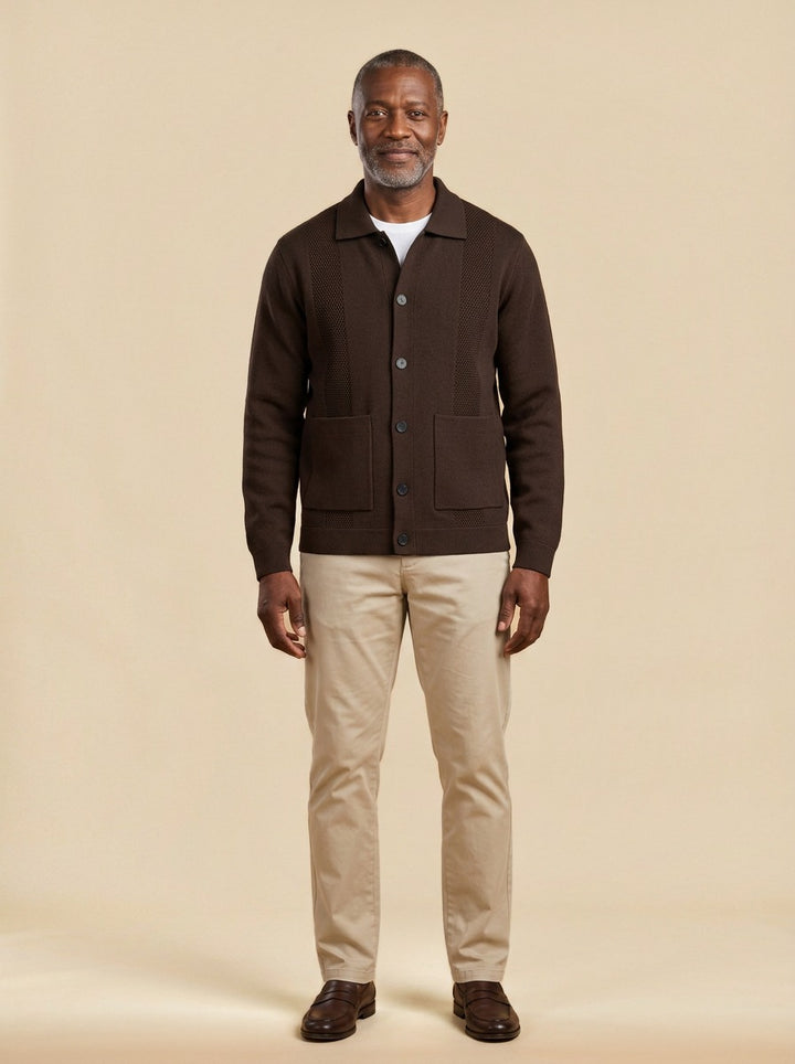 Hancock knit shirt jacket in Dark Brown, studio, Gentlemens Manor