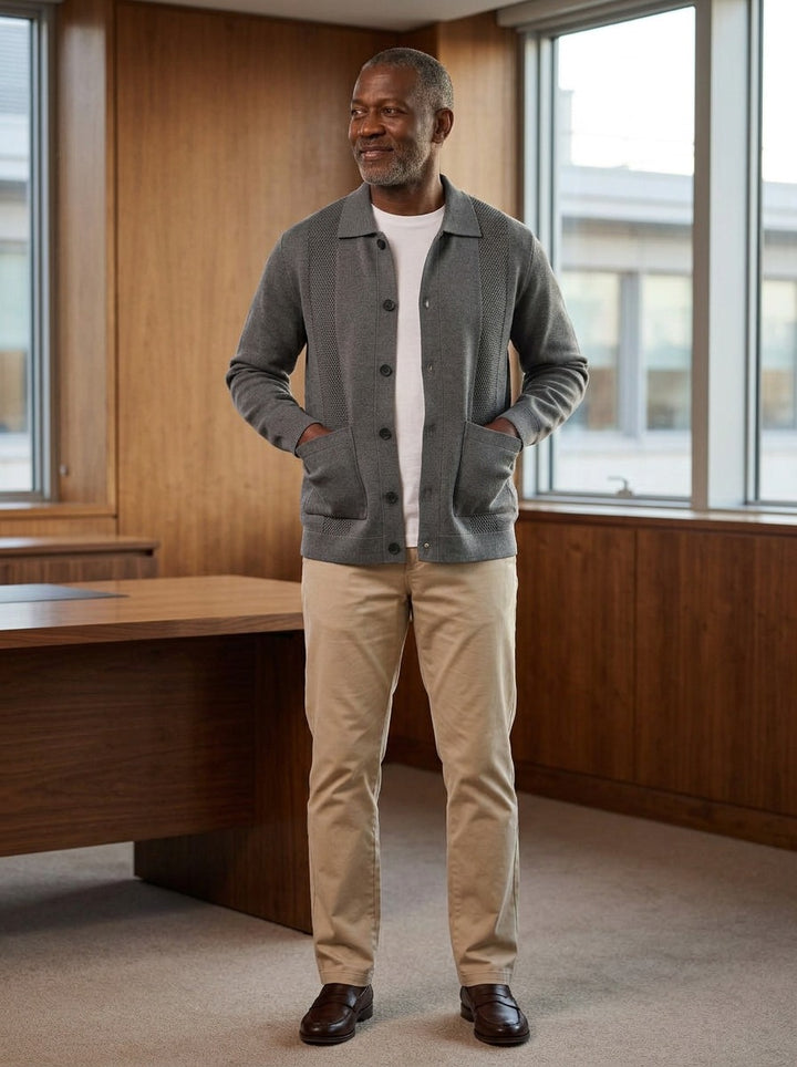 Hancock knit shirt jacket in Grey, lifestyle in a timber paneled office, Gentlemens Manor