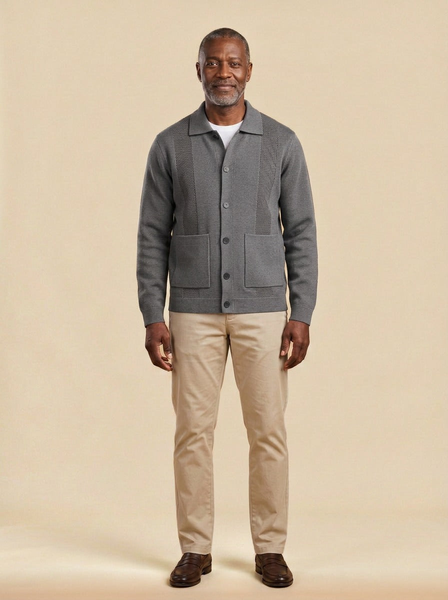 Hancock knit shirt jacket in Grey, studio, Gentlemens Manor
