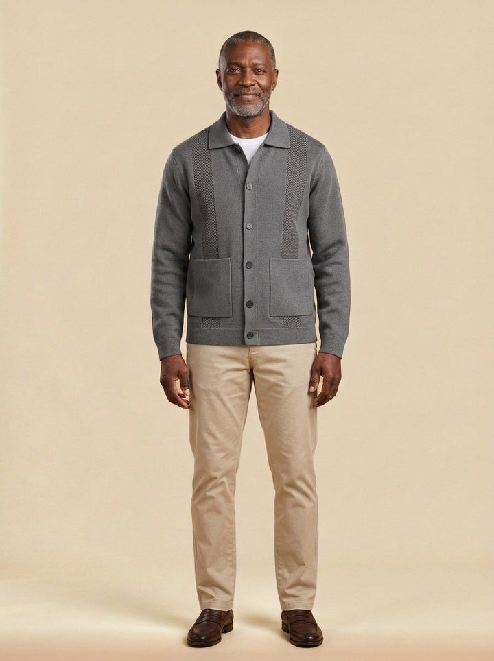 Hancock knit shirt jacket in Grey, studio, Gentlemens Manor
