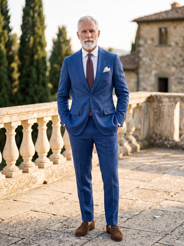 Hank Men two-piece suit in blue, worn by a model in a Mediterranean setting - Gentlemens Manor lifestyle