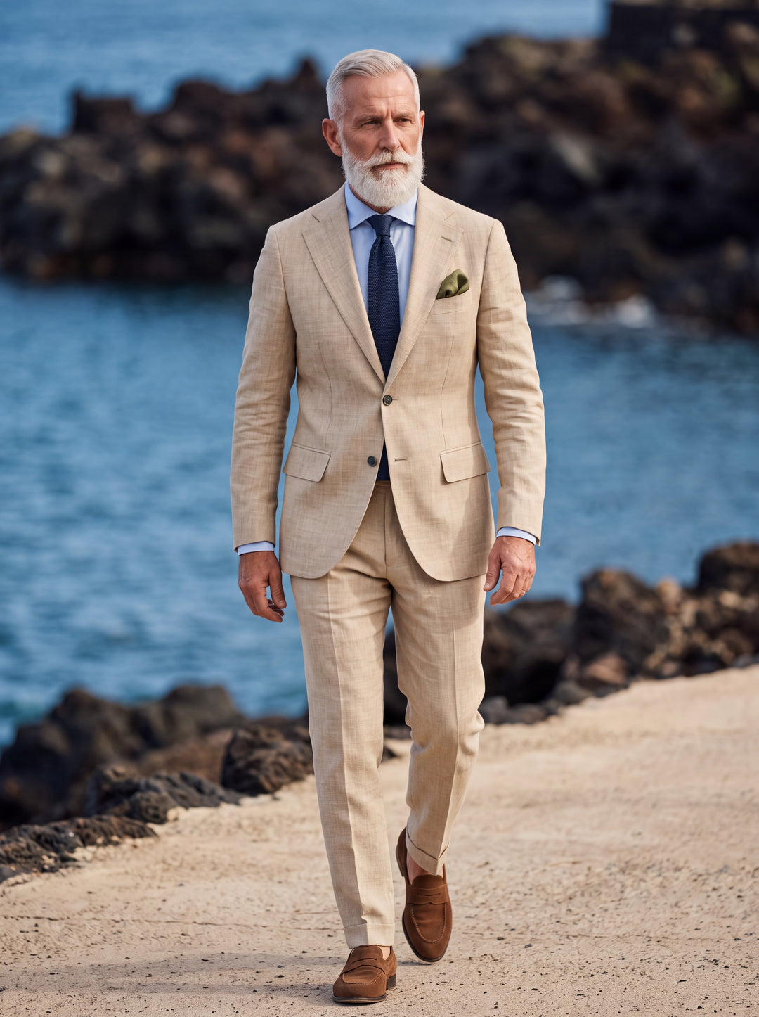 Hank Men two-piece suit in sand, worn by a model in a Mediterranean setting - Gentlemens Manor lifestyle
