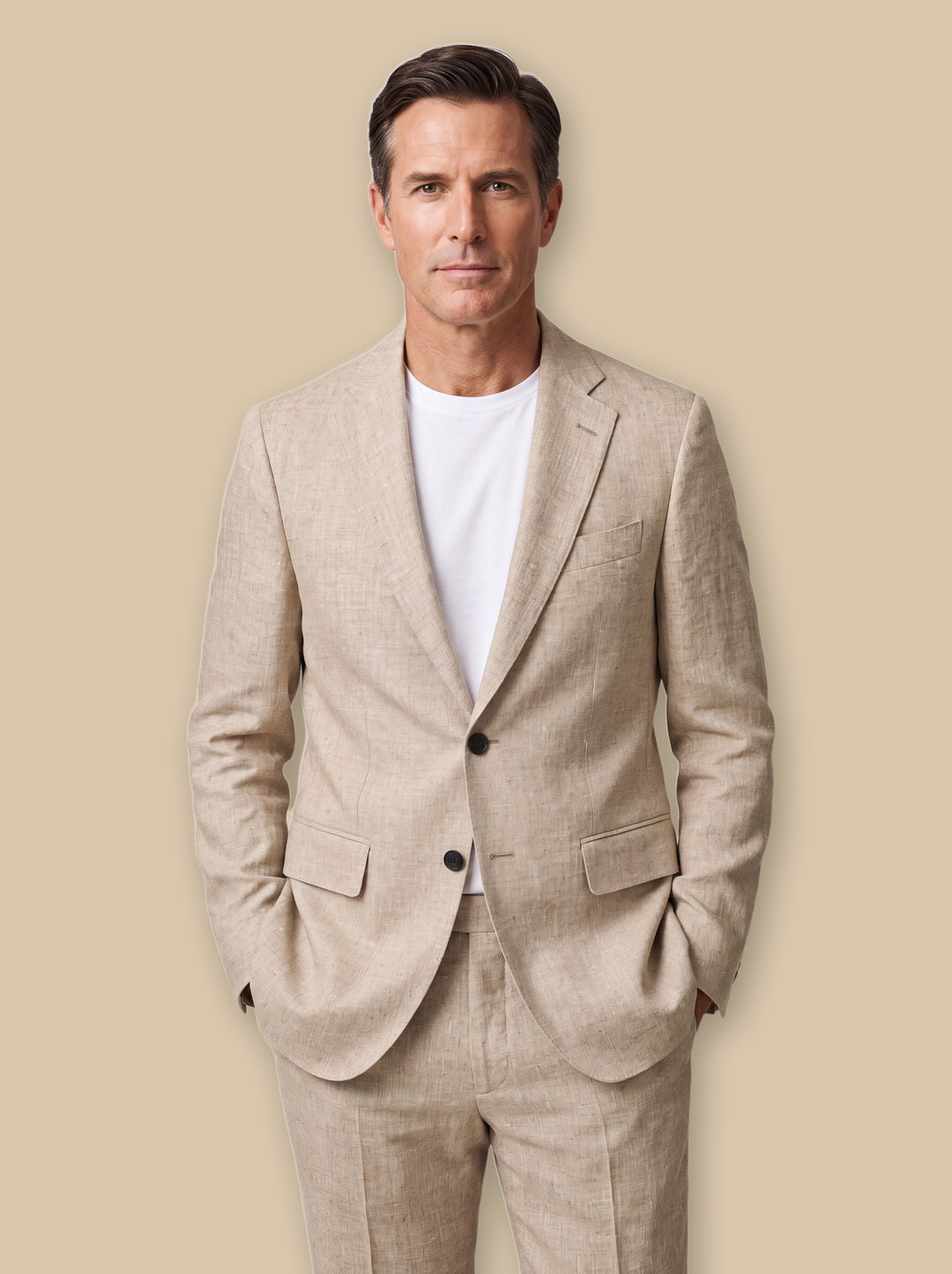 Hank two piece set in Sand, worn by a model on a warm sand studio background - Gentlemens Manor