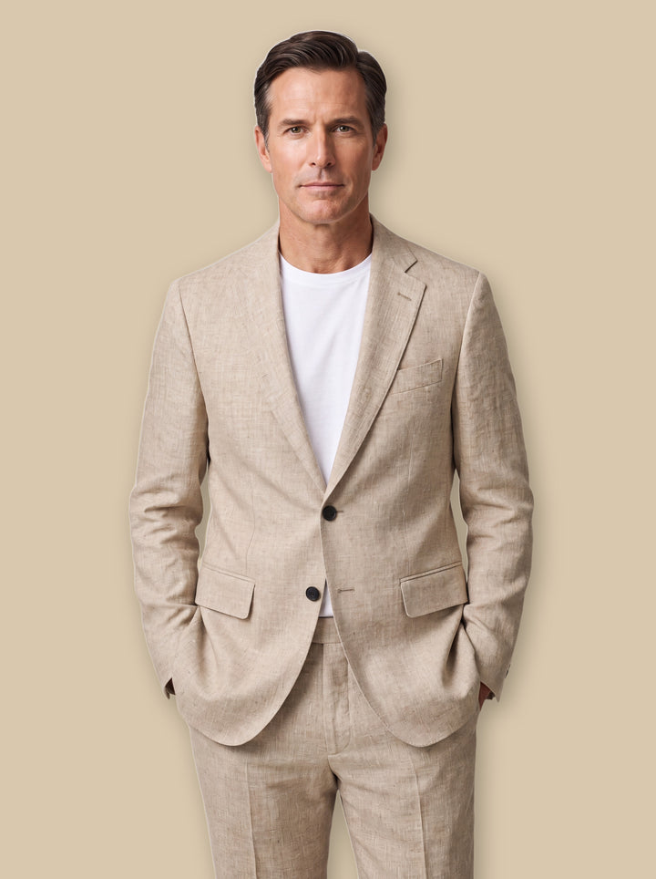 Hank two piece set in Sand, worn by a model on a warm sand studio background - Gentlemens Manor