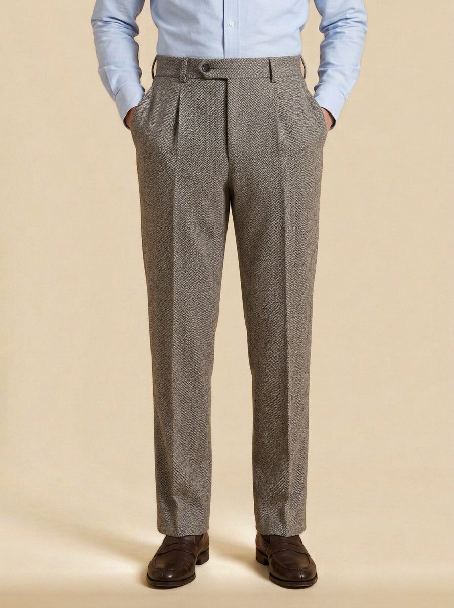 Harcourt herringbone pleated trousers in Brown, studio, Gentlemens Manor