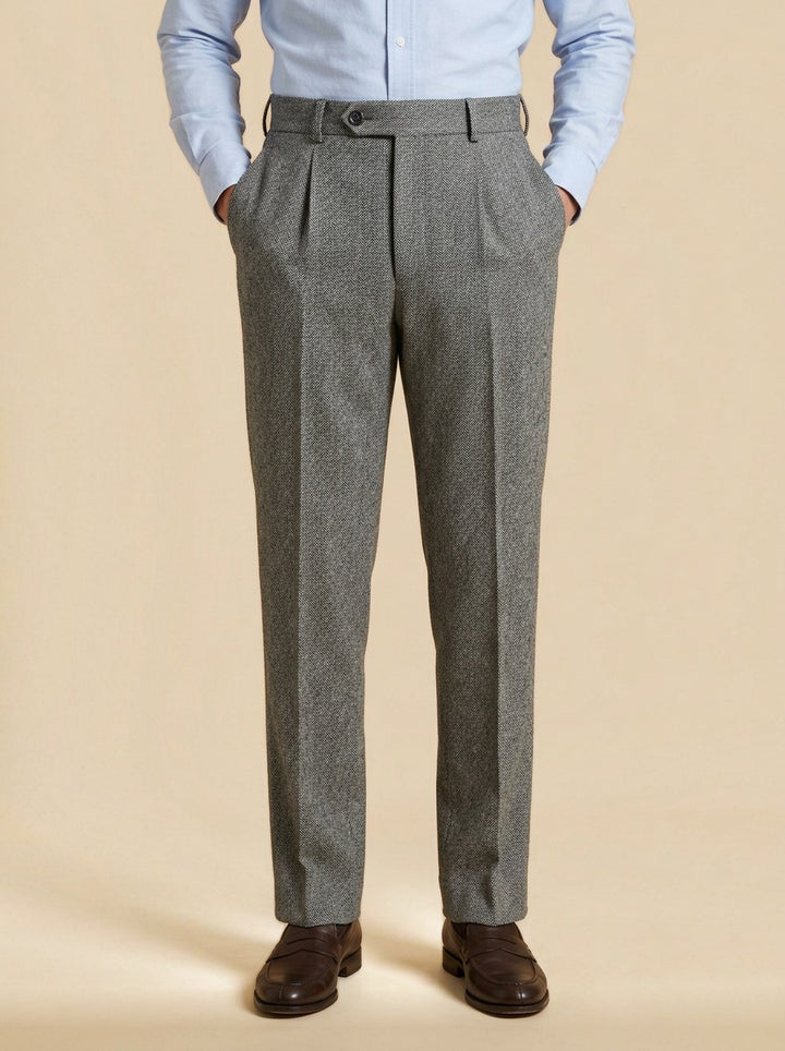 Harcourt herringbone pleated trousers in Grey, studio, Gentlemens Manor