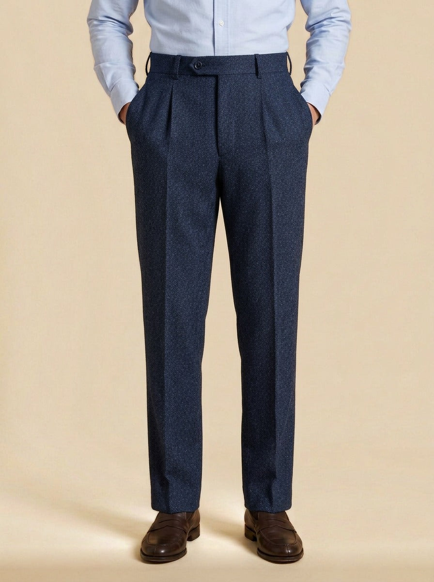 Harcourt herringbone pleated trousers in Navy, studio, Gentlemens Manor