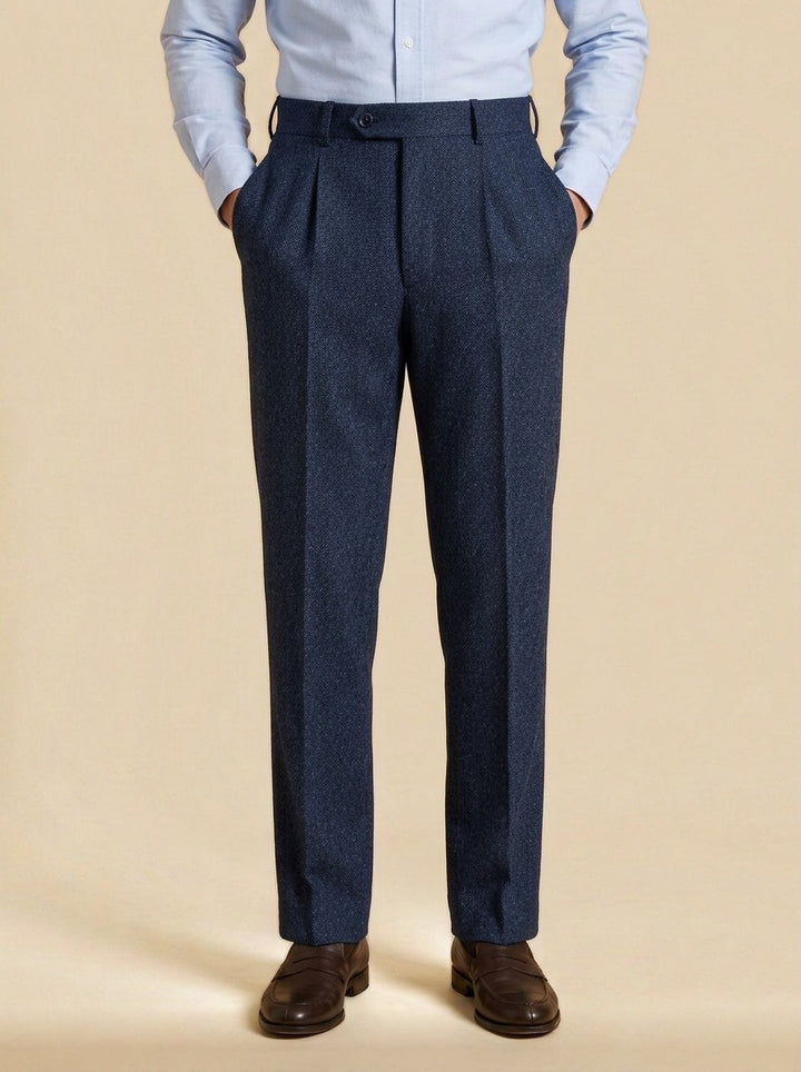 Harcourt herringbone pleated trousers in Navy, studio, Gentlemens Manor