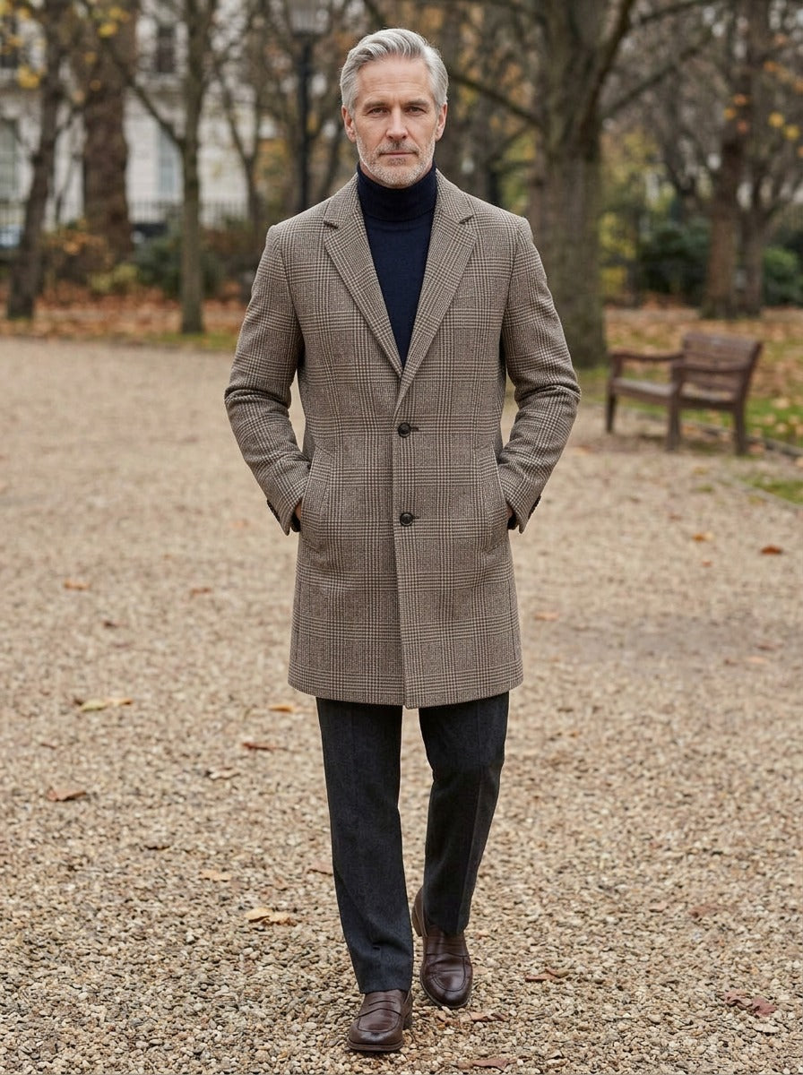 Harding overcoat in Brown, lifestyle on a park path, Gentlemens Manor