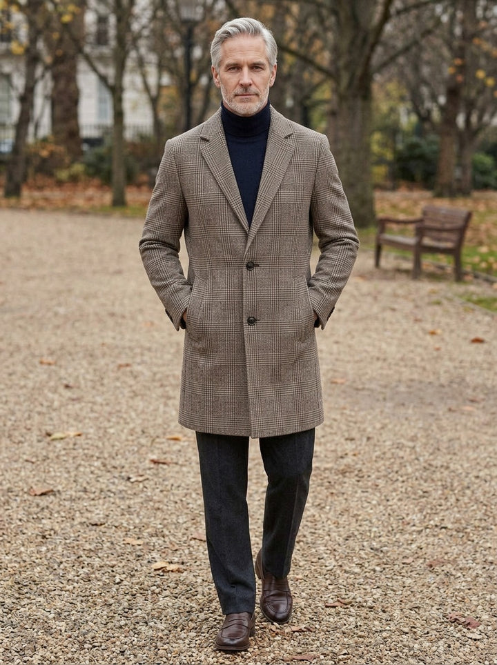 Harding overcoat in Brown, lifestyle on a park path, Gentlemens Manor