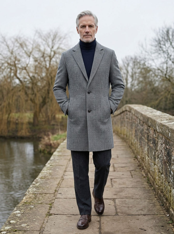 Harding overcoat in Grey, lifestyle on a stone footbridge, Gentlemens Manor