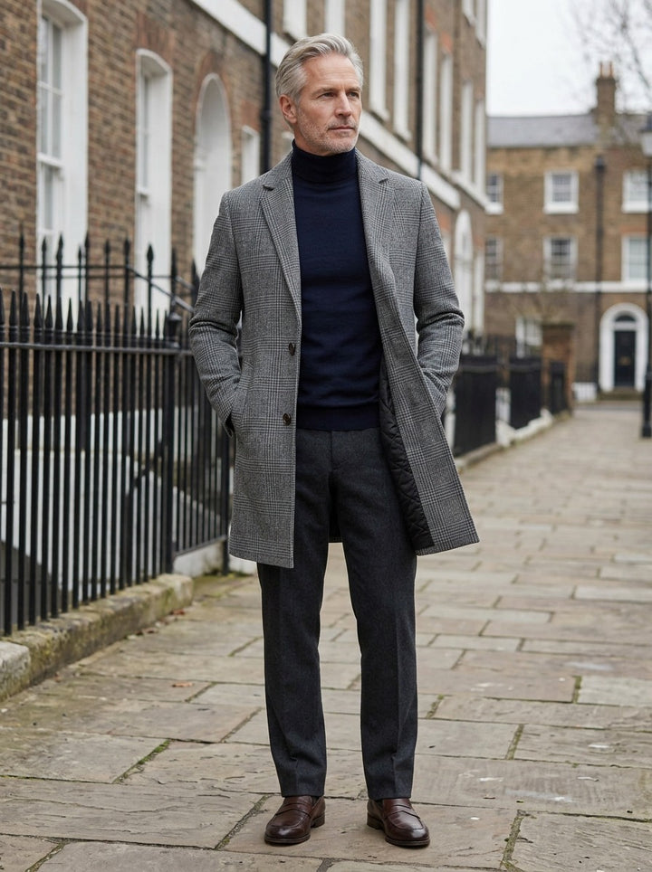 Harding overcoat in Grey, lifestyle on a street of brick row houses, Gentlemens Manor