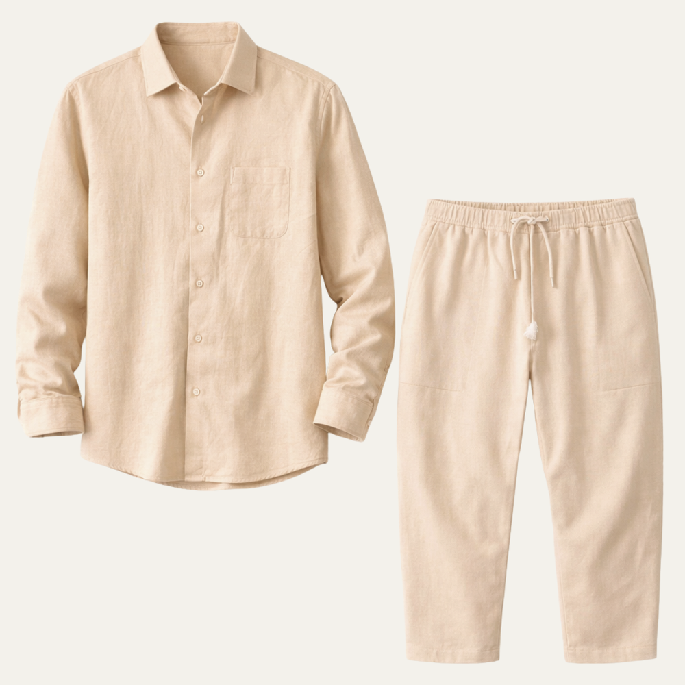Hardy two piece set in Sand, product flat lay - Gentlemens Manor