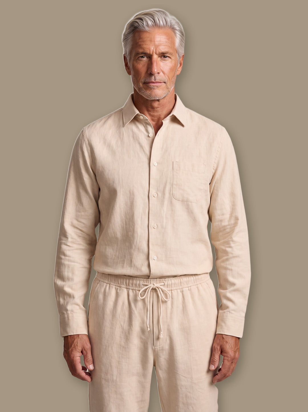 Hardy two piece set in Sand, worn by a model on a warm taupe studio background - Gentlemens Manor
