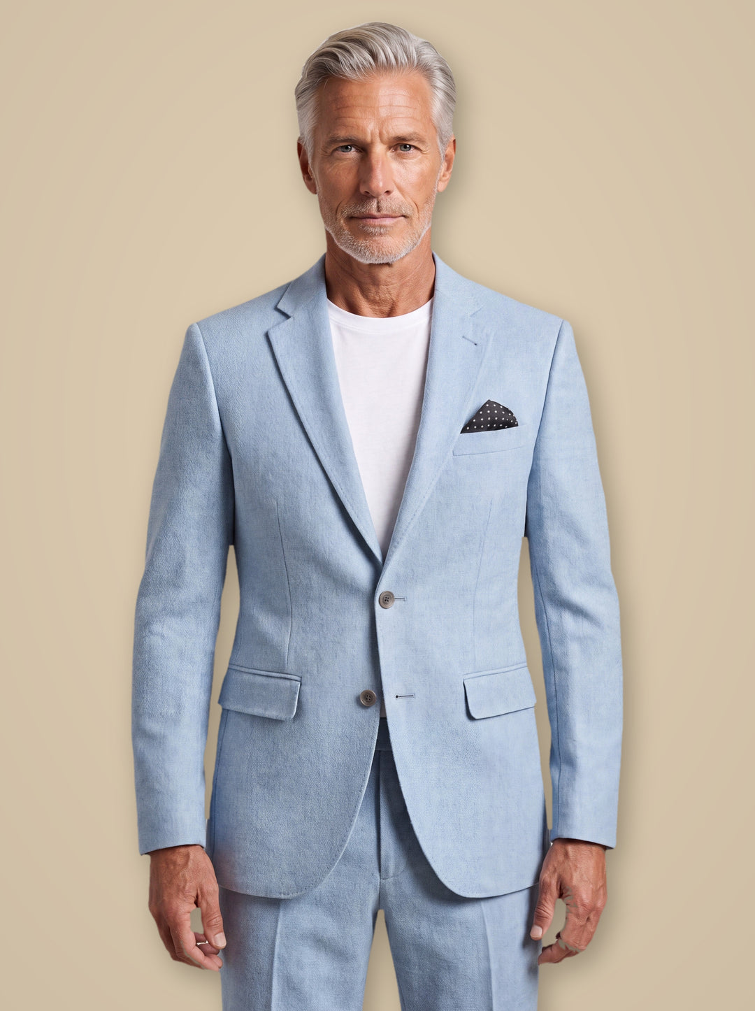 Harlan blazer suit in Light Blue, worn by a model on a warm taupe studio background - Gentlemens Manor
